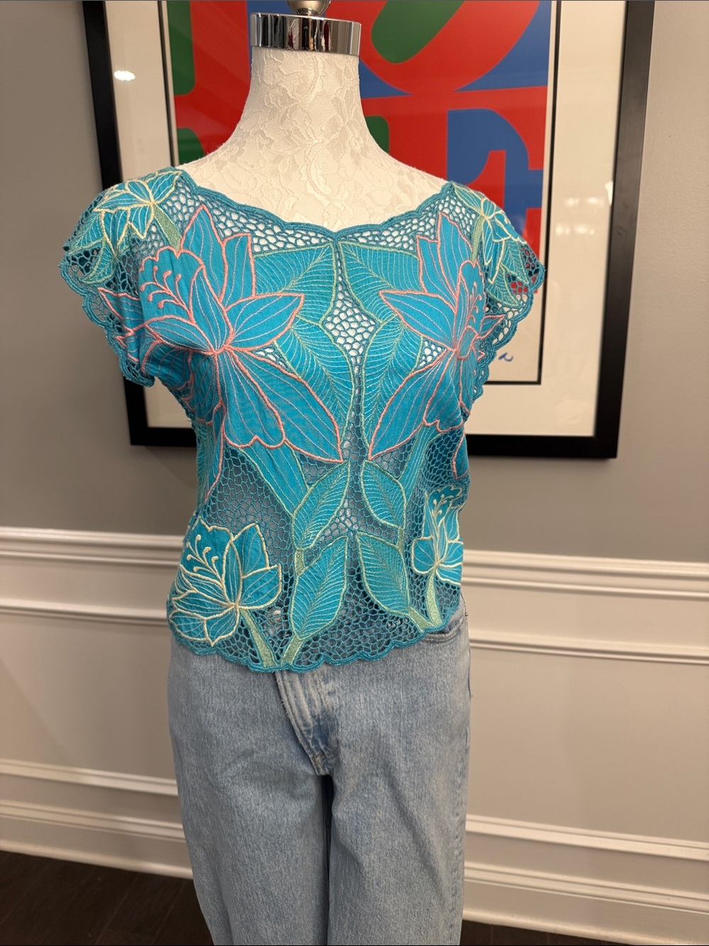 VTG Orchid Bali Cutwork Lace Top Turquoise Rayon Floral Handmade Small